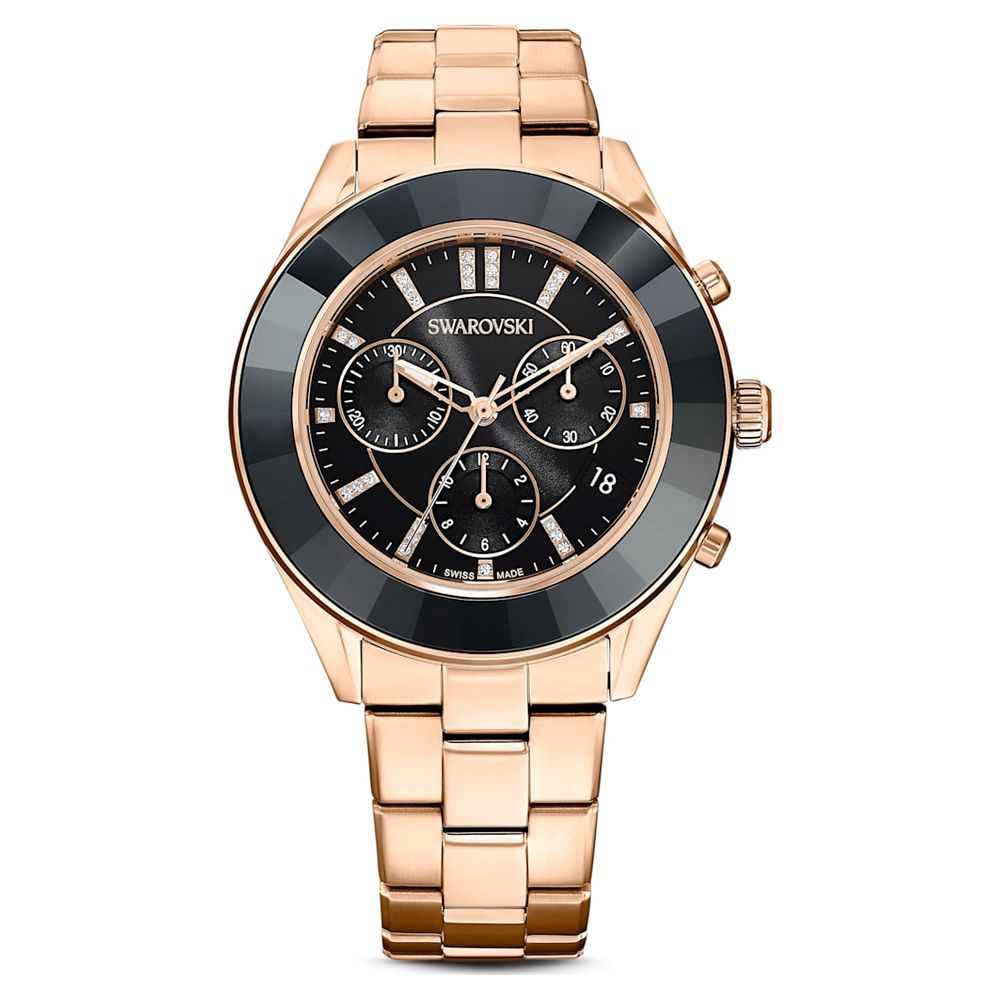 Swarovski Octea Lux Sport watch, Metal bracelet, Black, Rose-gold tone PVD