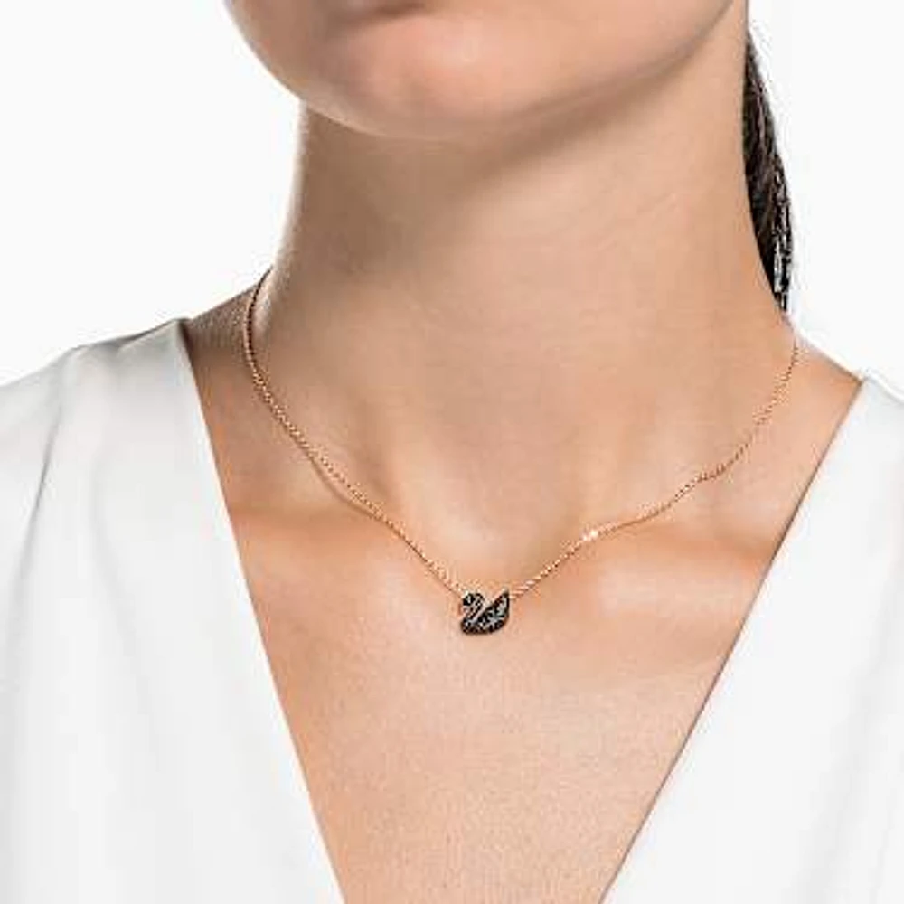 Swan pendant, Swan, Small, Black, Rose gold-tone plated by SWAROVSKI