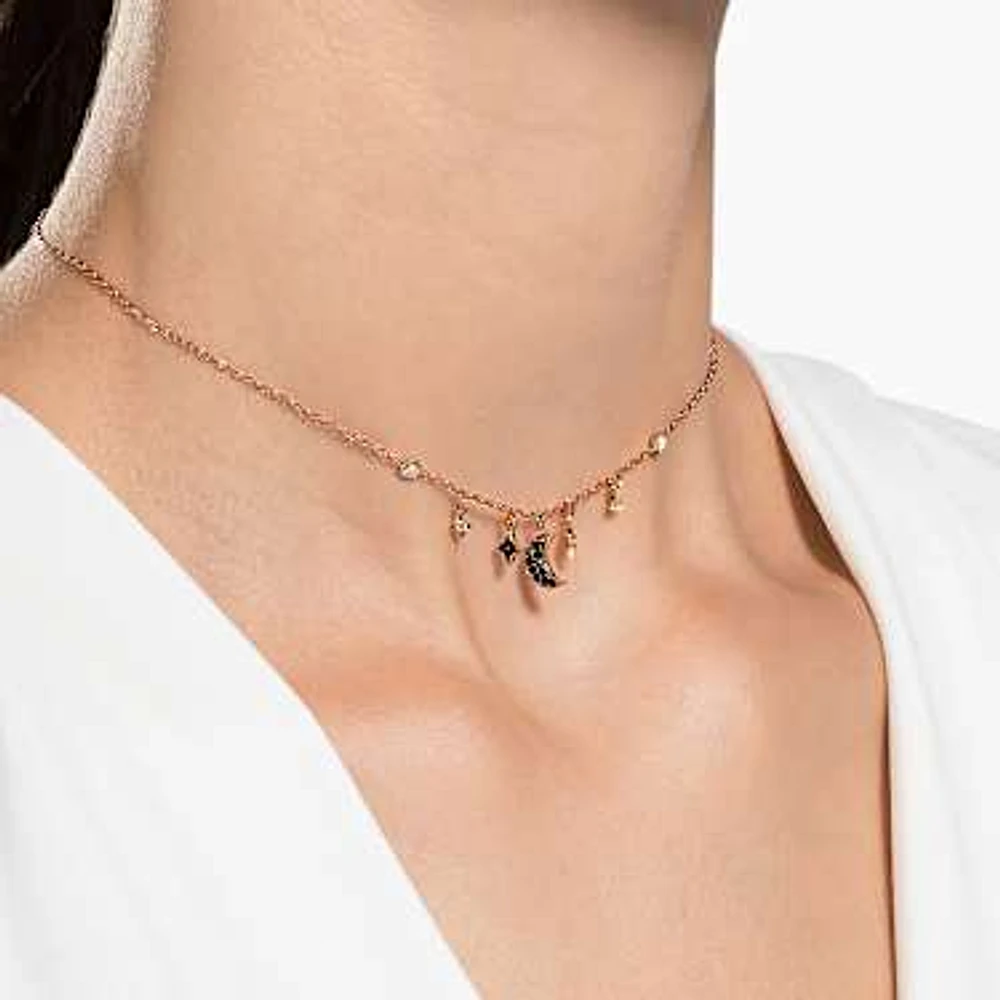 Symbolica necklace, Moon and star, Black, Rose gold-tone plated by SWAROVSKI