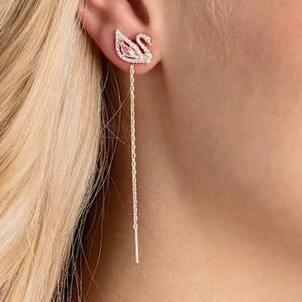 Swan drop earrings, Swan, Pink, Rose gold-tone plated by SWAROVSKI