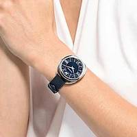 Crystalline Glam watch, Swiss Made, Leather strap, Blue, Stainless steel by SWAROVSKI