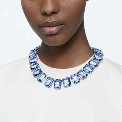 Millenia Tennis necklace, Oversized crystals, Octagon cut, Blue, Rhodium plated by SWAROVSKI