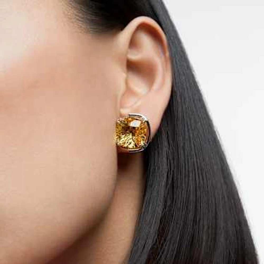 Harmonia stud earrings, Cushion cut, Yellow, Rhodium plated by SWAROVSKI