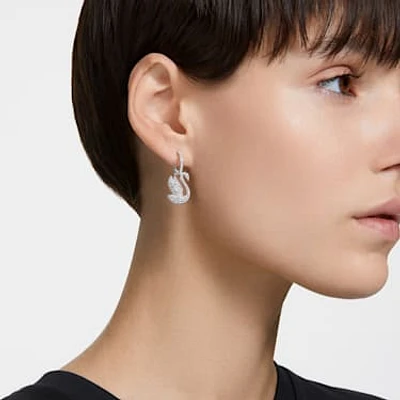 Swarovski Iconic Swan drop earrings, Swan, White, Rhodium plated by SWAROVSKI