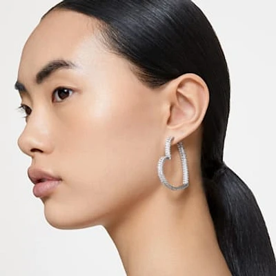 Matrix hoop earrings, Heart, Large, White, Rhodium plated by SWAROVSKI