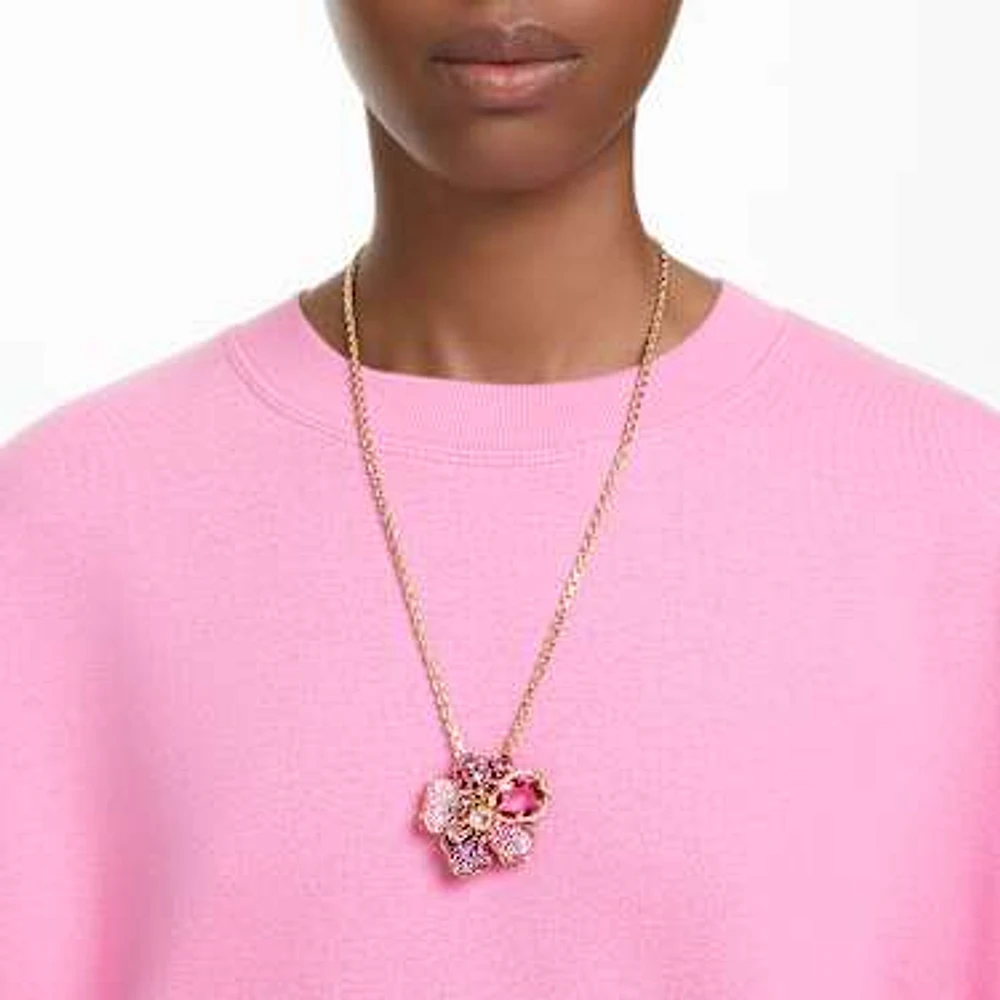 Idyllia pendant and brooch, Pavé, Flower, Pink, Gold-tone plated by SWAROVSKI