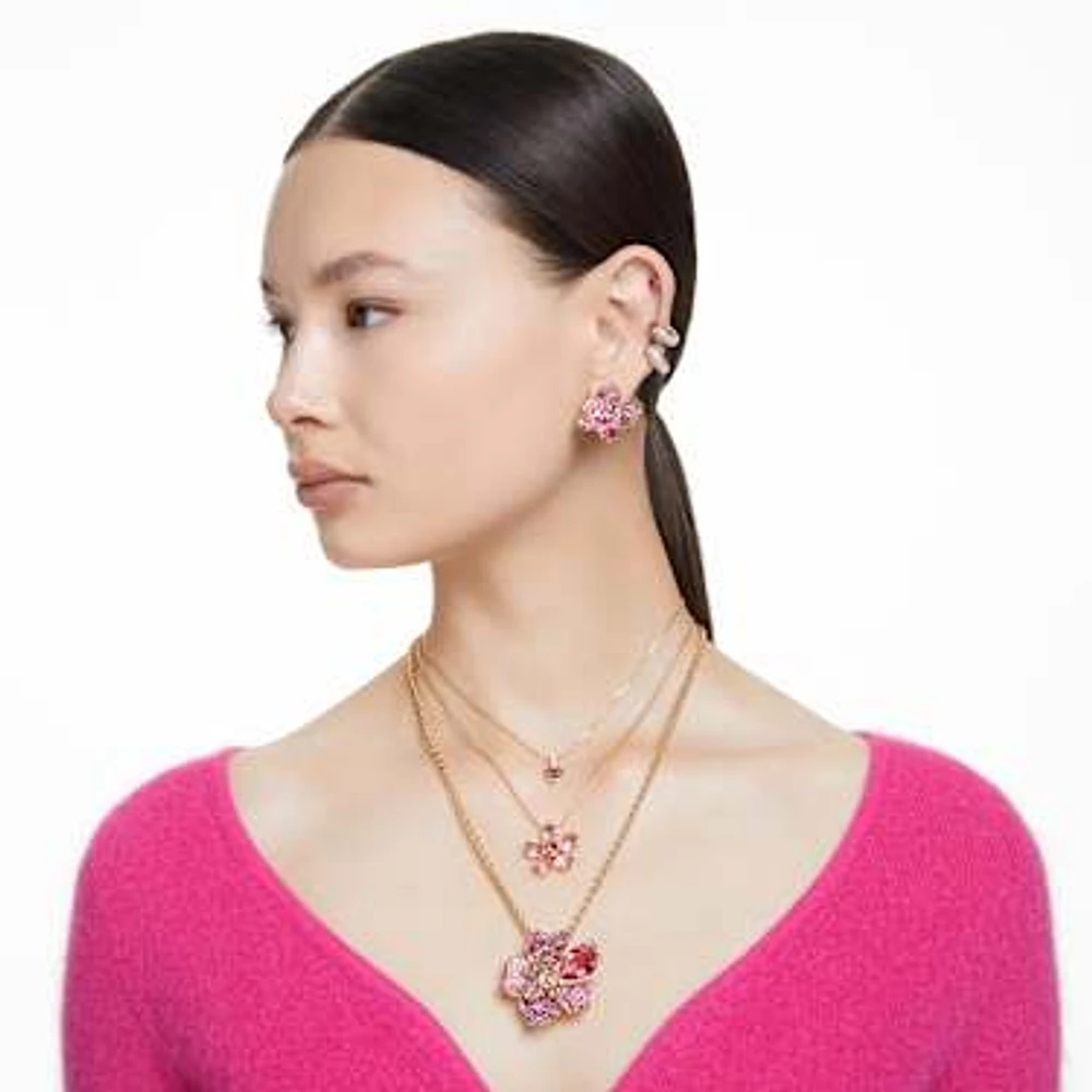 Idyllia pendant and brooch, Pavé, Flower, Pink, Gold-tone plated by SWAROVSKI