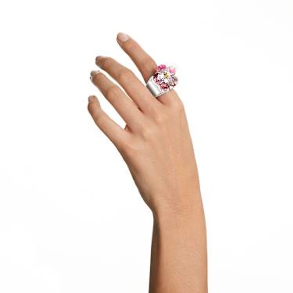 Idyllia cocktail ring, Flower, Pink, Rhodium plated by SWAROVSKI