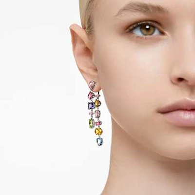 Gema drop earrings, Asymmetrical design, Mixed cuts, Long, Multicolored, Rhodium plated by SWAROVSKI