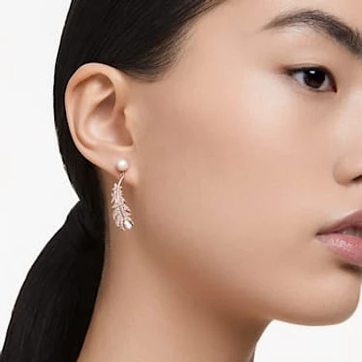 Nice drop earrings, Crystal pearl, Mixed cuts, Feather, White, Rose gold-tone plated by SWAROVSKI