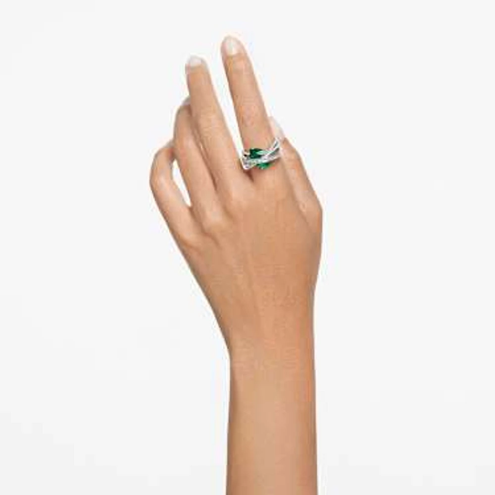 Hyperbola cocktail ring, Mixed cuts, Four bands, Green, Rhodium plated by SWAROVSKI