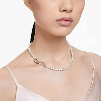 Nice necklace, Crystal pearl, Magnetic closure, Feather, White, Rose gold-tone plated by SWAROVSKI