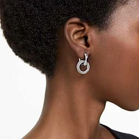 Dextera hoop earrings, Asymmetrical design, Interlocking loop, White, Rhodium plated by SWAROVSKI