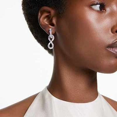 Hyperbola drop earrings, Infinity, White, Rhodium plated by SWAROVSKI