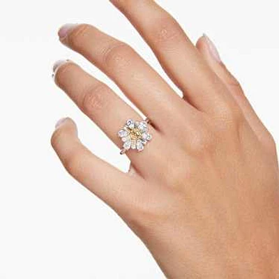 Idyllia cocktail ring, Mixed cuts, Flower, Yellow, Rhodium plated by SWAROVSKI