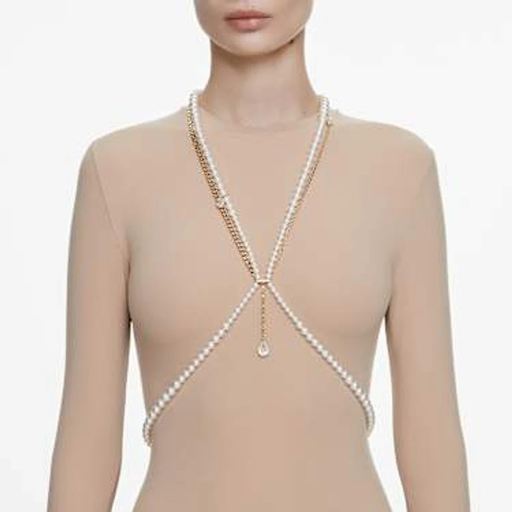 Idyllia body chain, Crystal pearl, White, Gold-tone plated by SWAROVSKI