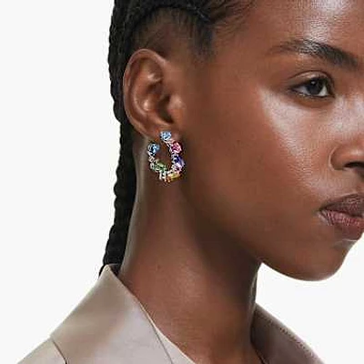 Gema hoop earrings, Asymmetrical design, Mixed cuts, Small, Multicoloured, Rhodium plated by SWAROVSKI