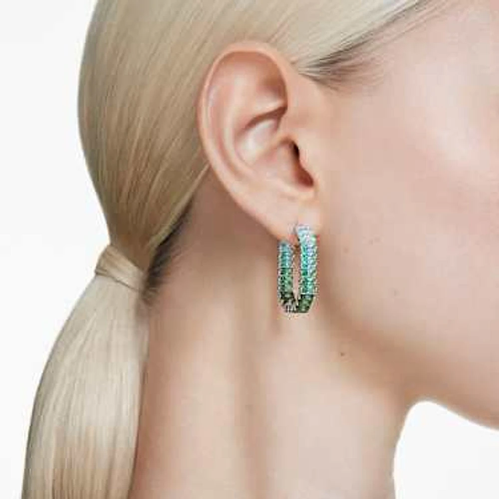 Matrix hoop earrings, Baguette cut, Green, Rhodium plated by SWAROVSKI