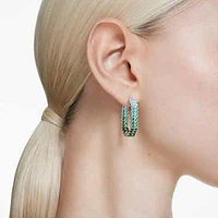 Matrix hoop earrings, Baguette cut, Green, Rhodium plated by SWAROVSKI