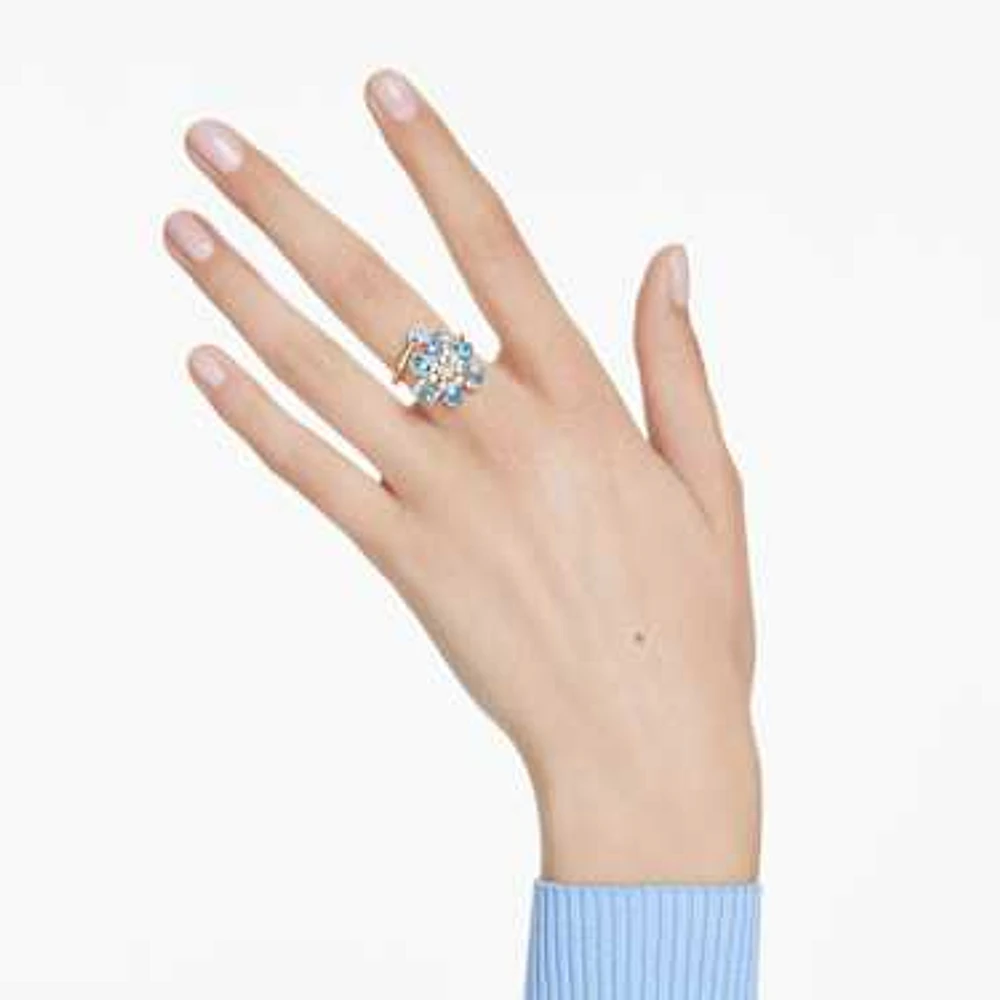 Idyllia open ring, Mixed cuts, Flower, Blue, Gold-tone plated by SWAROVSKI