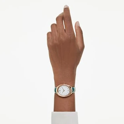 Imber watch, Swiss Made, Leather strap, Green, Rose gold-tone finish by SWAROVSKI