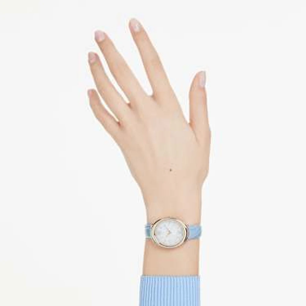 Imber watch, Swiss Made, Leather strap, Blue, Champagne gold-tone finish by SWAROVSKI