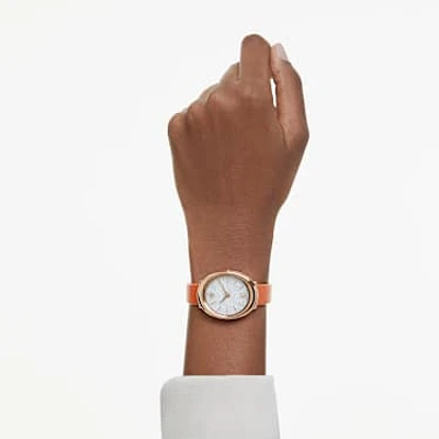 Imber watch, Swiss Made, Leather strap, Orange, Rose gold-tone finish by SWAROVSKI