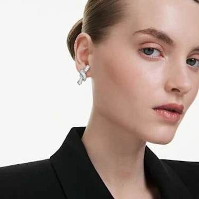 Matrix earrings, Baguette cut, Knot, White, Rhodium plated by SWAROVSKI