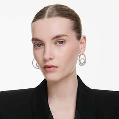 Matrix hoop earrings, Baguette cut, Ribbon, White, Rhodium plated by SWAROVSKI