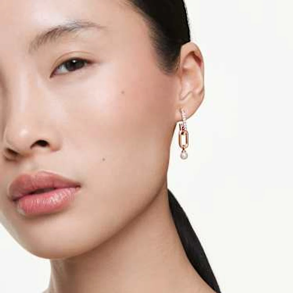 Constella drop earrings, Crystal pearl, Round cut, White, Rose gold-tone plated by SWAROVSKI
