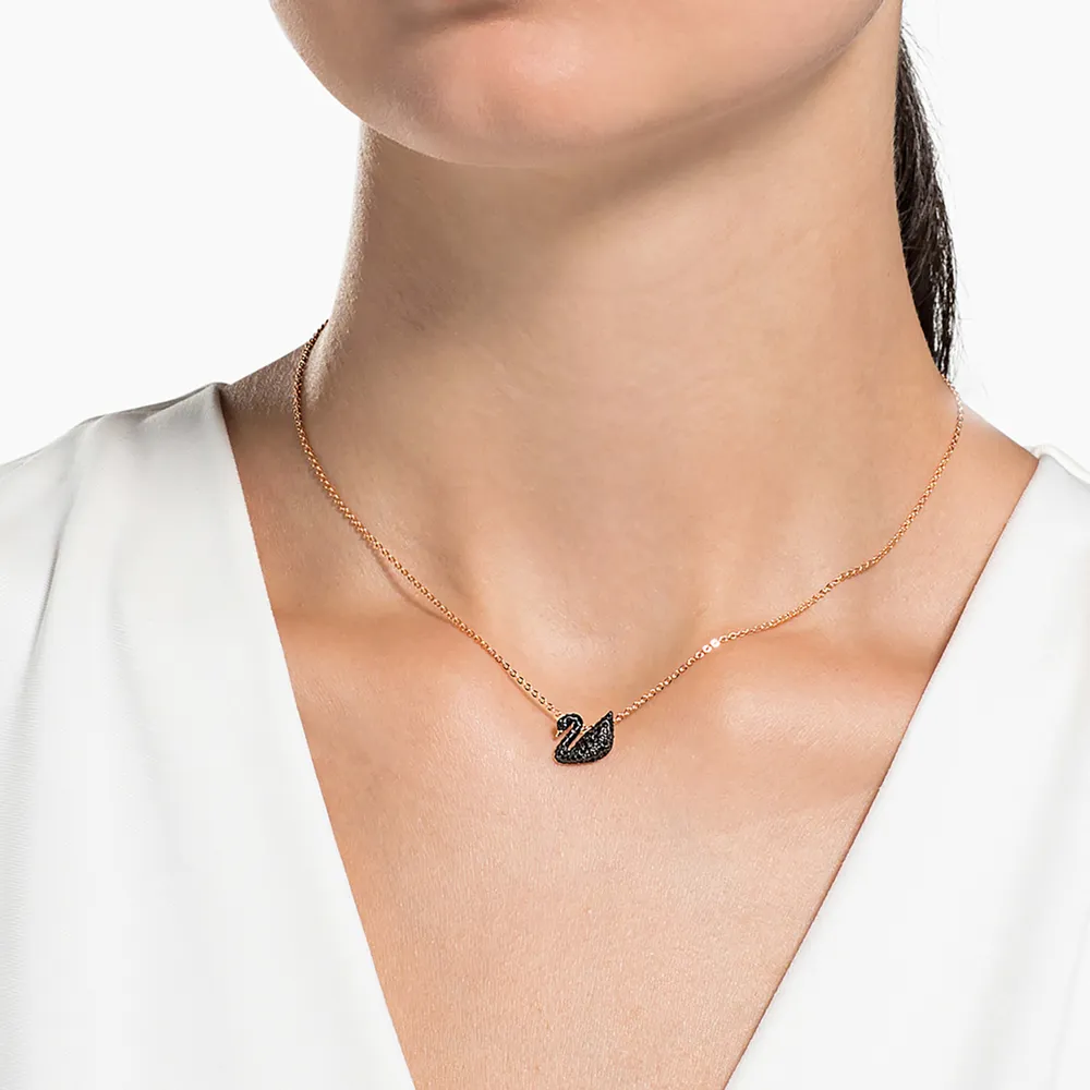 Swarovski Iconic Swan pendant, Swan, Small, Black, Rose gold-tone plated by SWAROVSKI