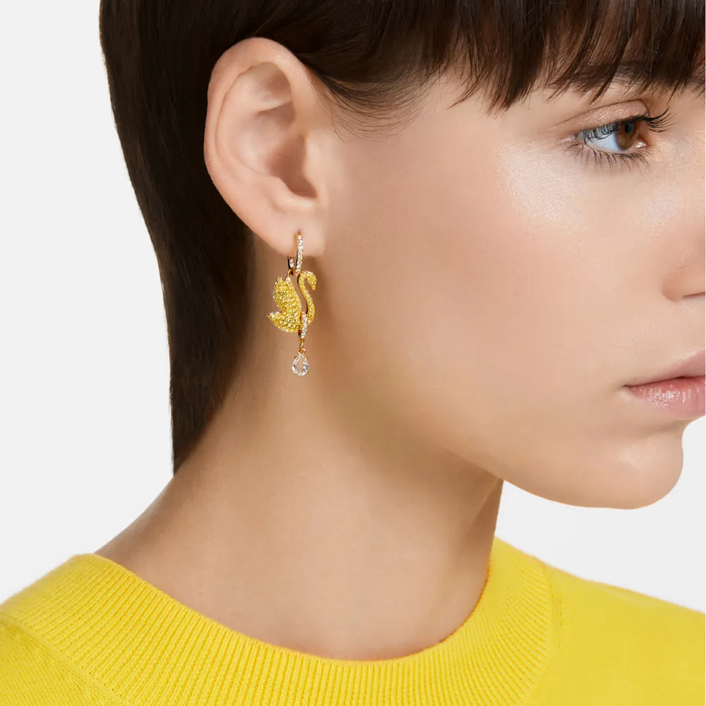 Swarovski Iconic Swan drop earrings, Swan, Yellow, Gold-tone plated by SWAROVSKI