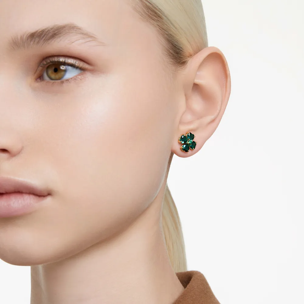 Idyllia drop earrings, Clover, Green, Gold-tone plated