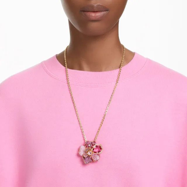 Swarovski Florere pendant and brooch, Pavé, Flower, Pink, Gold-tone plated  by SWAROVSKI