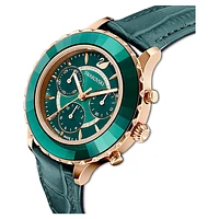 Octea Lux Chrono watch, Swiss Made, Leather strap, Green, Rose gold-tone finish by SWAROVSKI