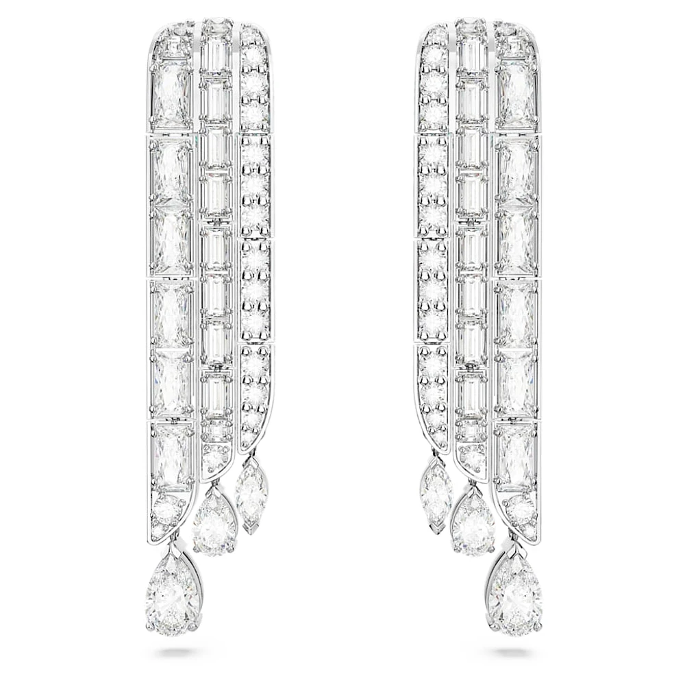 Hyperbola drop earrings, Mixed cuts, White, Rhodium plated by SWAROVSKI
