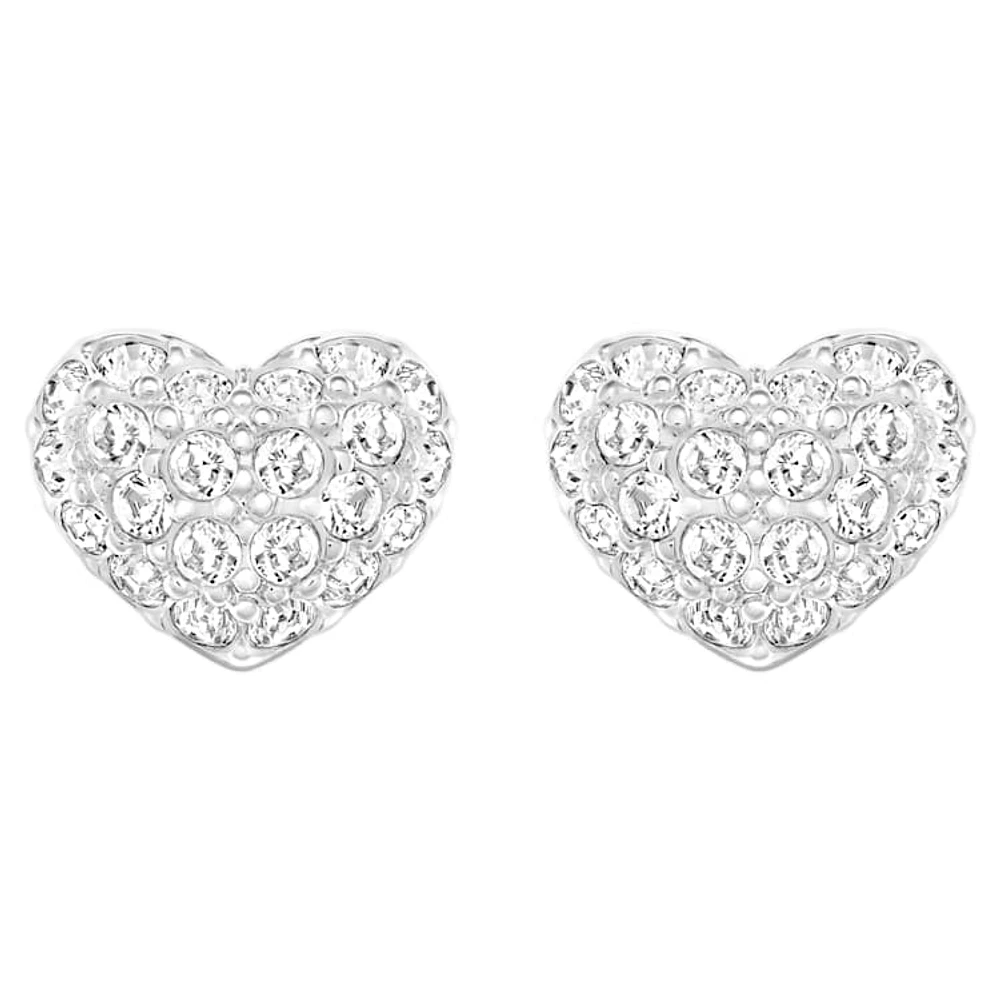 Heart stud earrings, Heart, White, Rhodium plated by SWAROVSKI