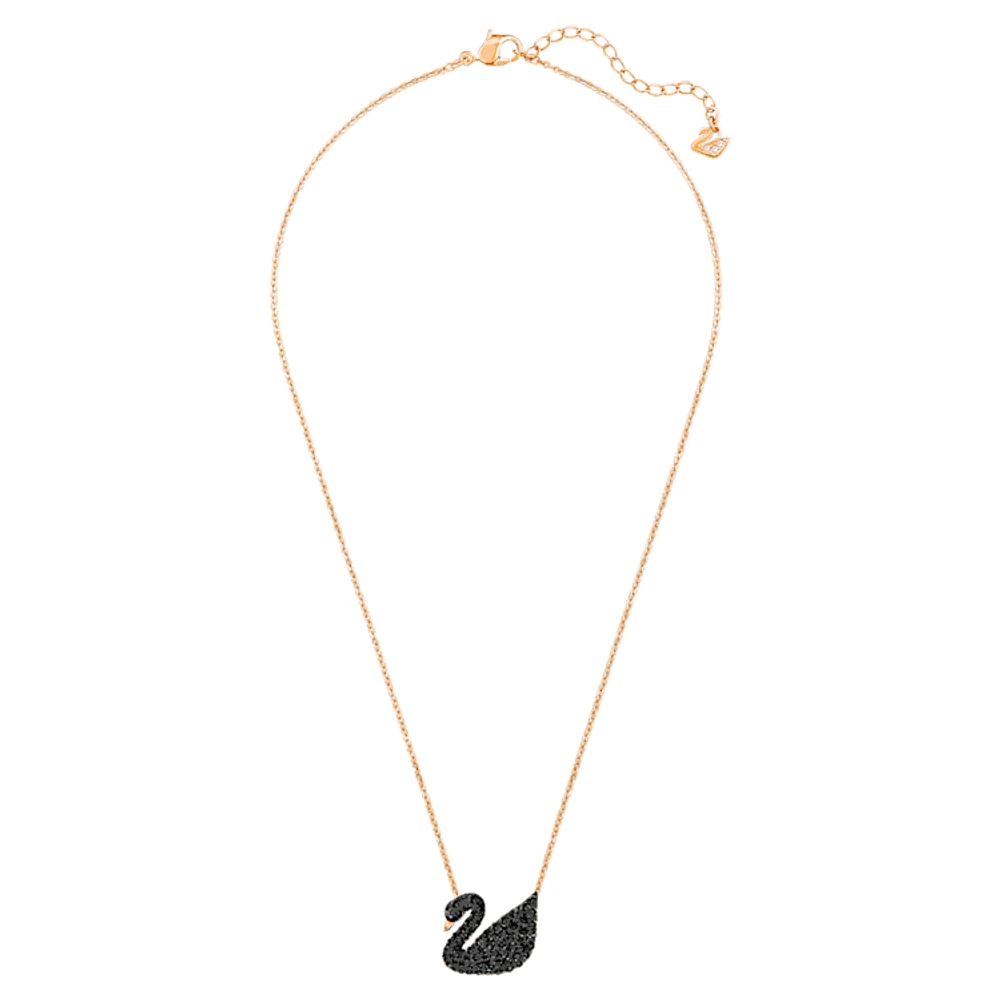 Swan pendant, Swan, Black, Rose gold-tone plated by SWAROVSKI