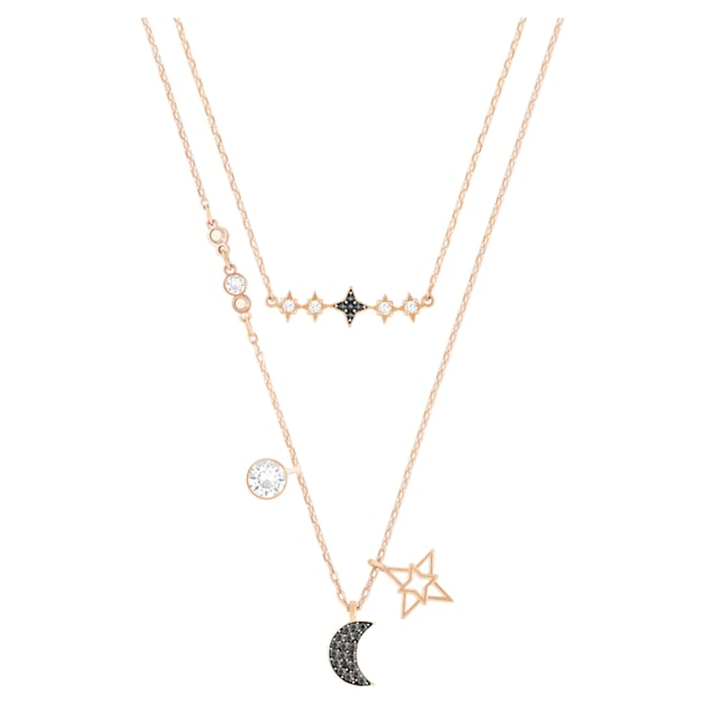 Symbolica necklace, Set (2), Moon and star, Black, Rose gold-tone plated by SWAROVSKI