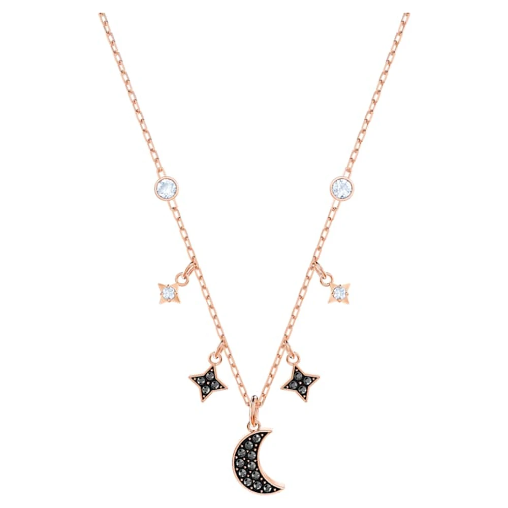 Symbolica necklace, Moon and star, Black, Rose gold-tone plated by SWAROVSKI