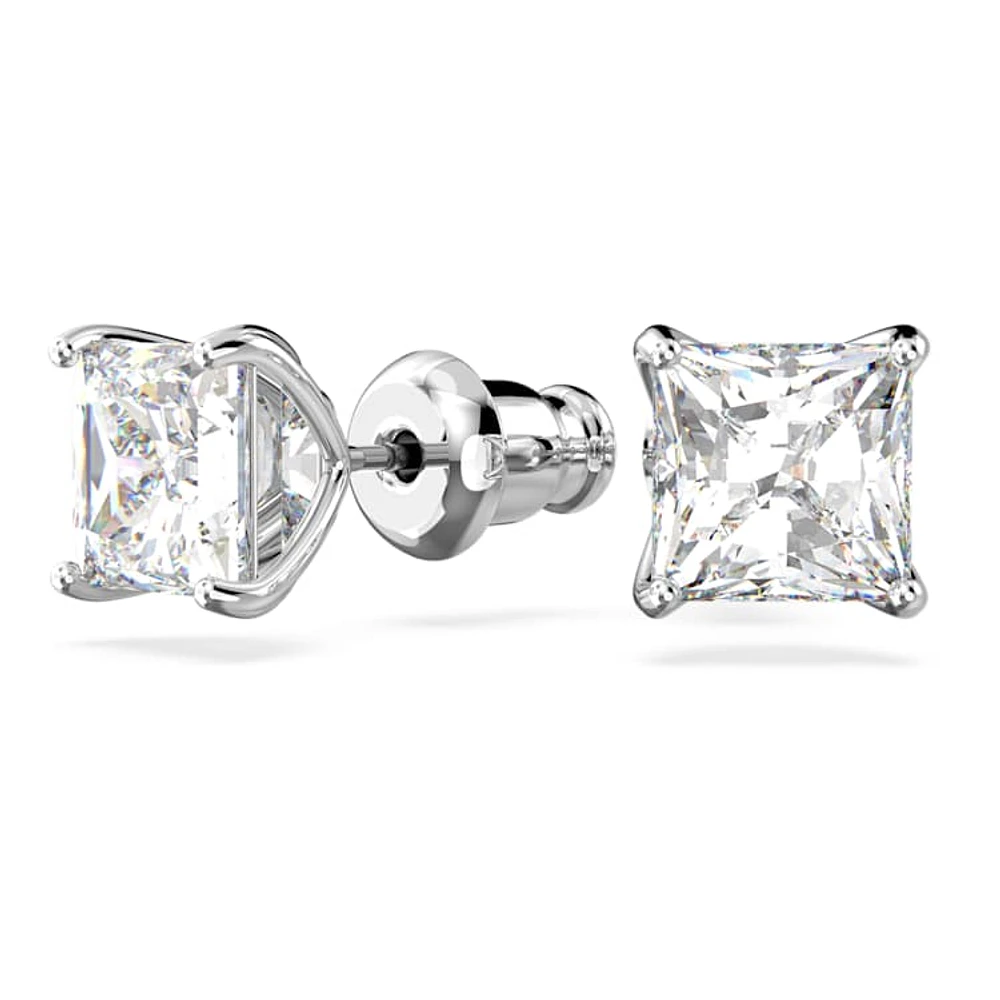 Stilla Attract stud earrings, Square cut, White, Rhodium plated by SWAROVSKI