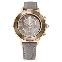 Octea Lux Chrono watch, Swiss Made, Leather strap, Grey, Rose gold-tone finish by SWAROVSKI