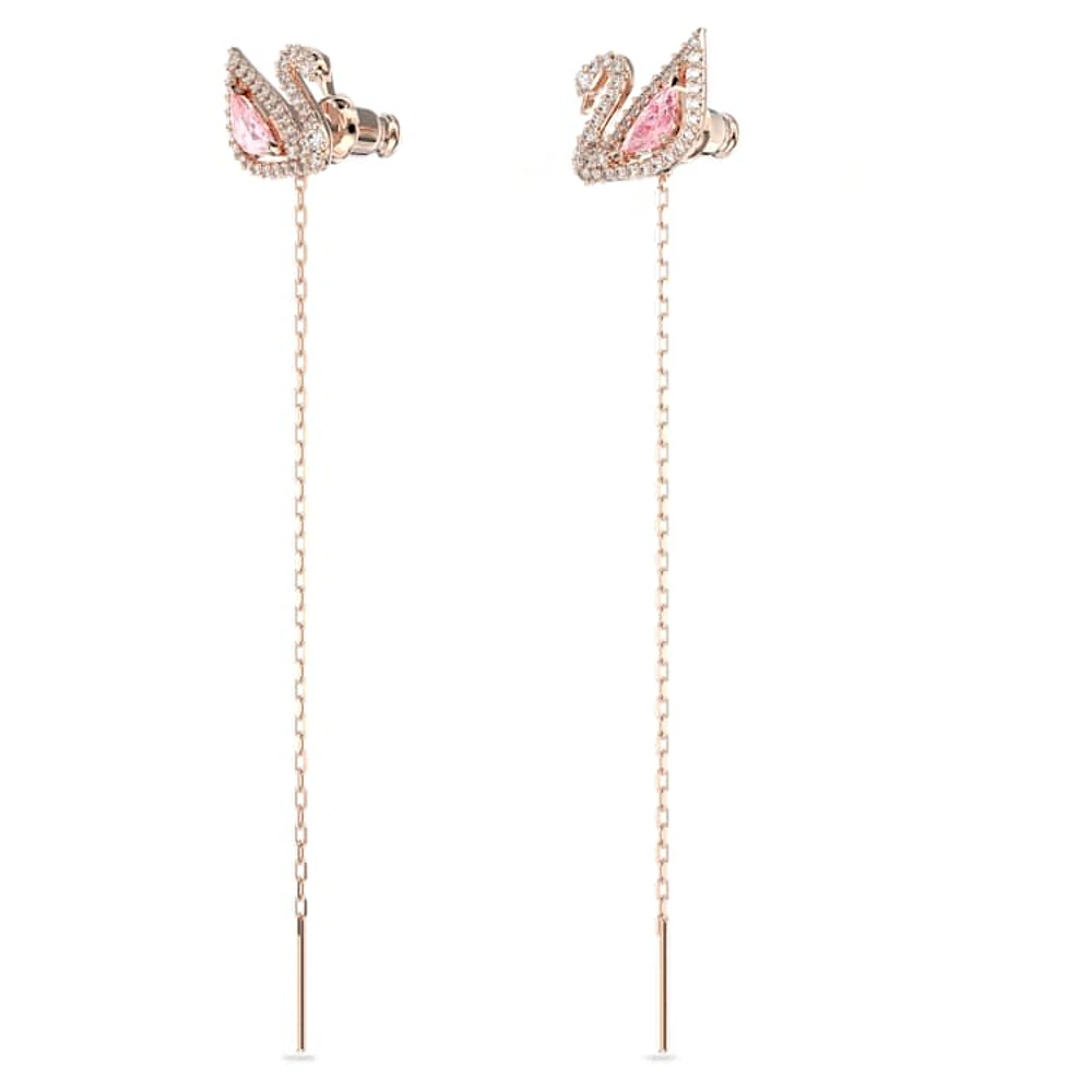 Swan drop earrings, Swan, Pink, Rose gold-tone plated by SWAROVSKI