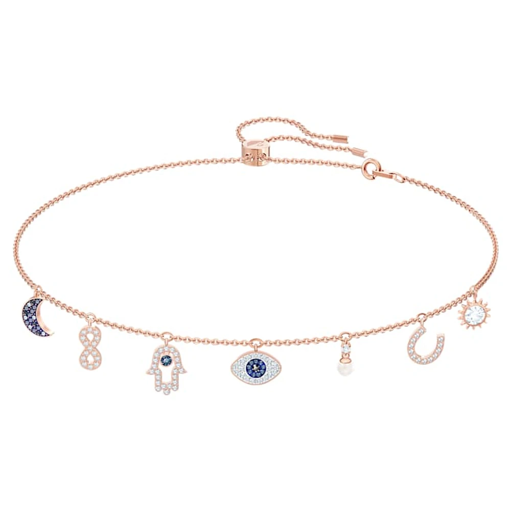 Symbolica necklace, Moon, infinity, hand, evil eye and horseshoe, Blue, Rose gold-tone plated by SWAROVSKI