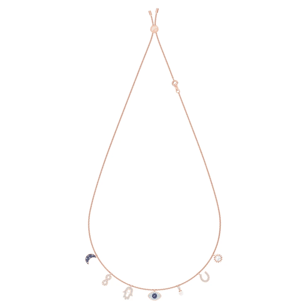 Symbolica necklace, Moon, infinity, hand, evil eye and horseshoe, Blue, Rose gold-tone plated by SWAROVSKI