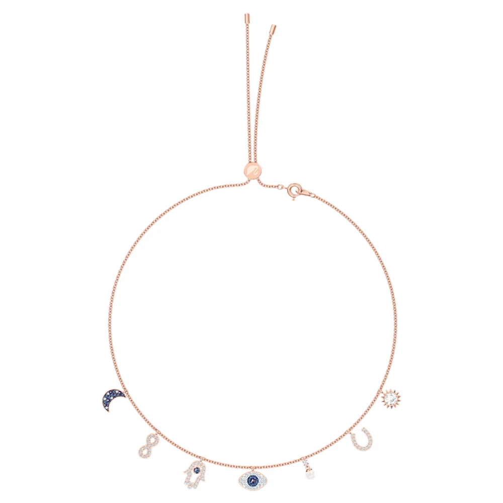 Symbolica necklace, Moon, infinity, hand, evil eye and horseshoe, Blue, Rose gold-tone plated by SWAROVSKI