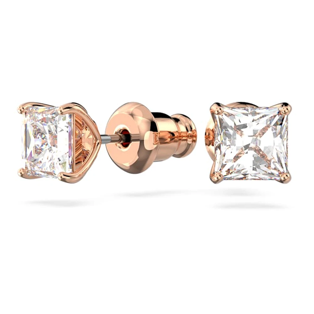 Stilla Attract stud earrings, Square cut, Small, White, Rose gold-tone plated by SWAROVSKI