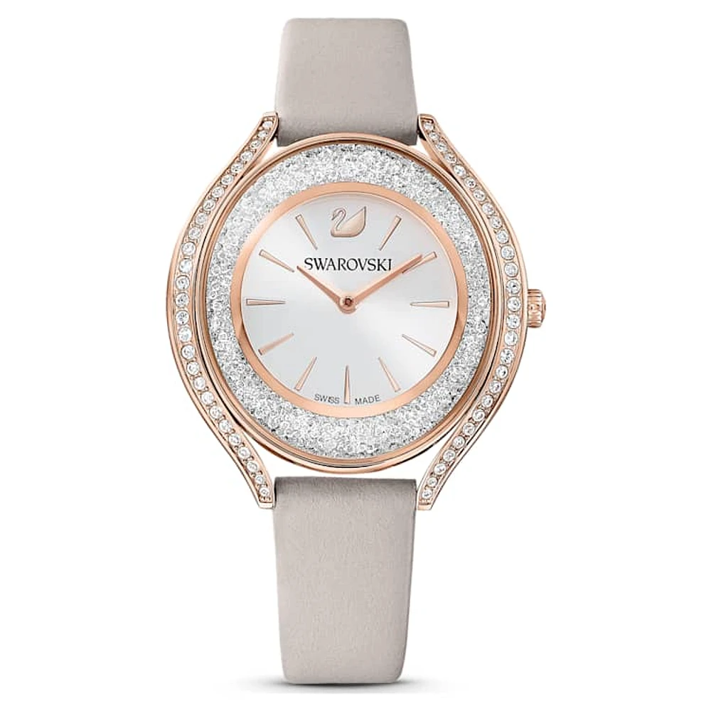 Crystalline Aura watch, Swiss Made, Leather strap, Grey, Rose gold-tone finish by SWAROVSKI