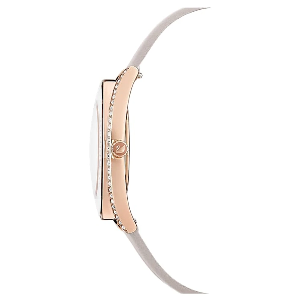 Crystalline Aura watch, Swiss Made, Leather strap, Grey, Rose gold-tone finish by SWAROVSKI