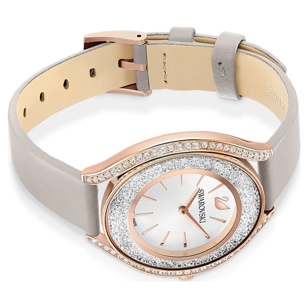 Crystalline Aura watch, Swiss Made, Leather strap, Grey, Rose gold-tone finish by SWAROVSKI